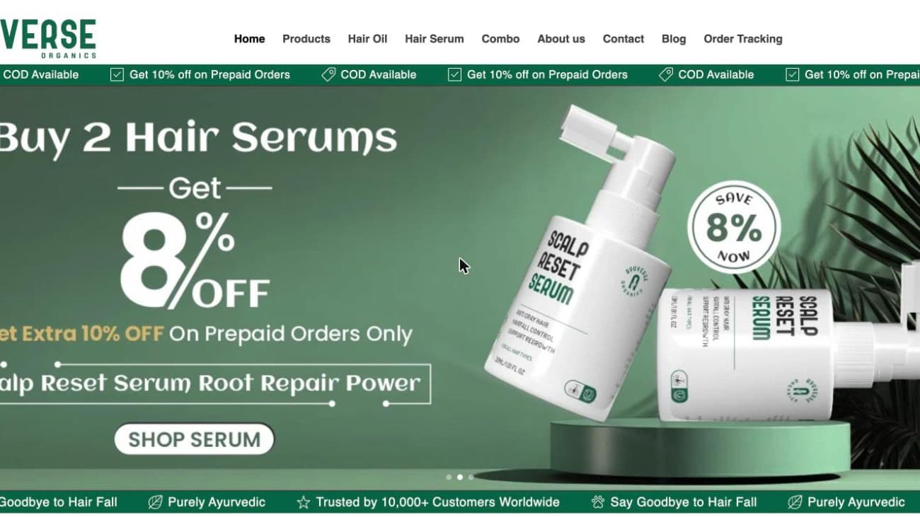 Ayuverse Organics homepage showing its hair care product lineup